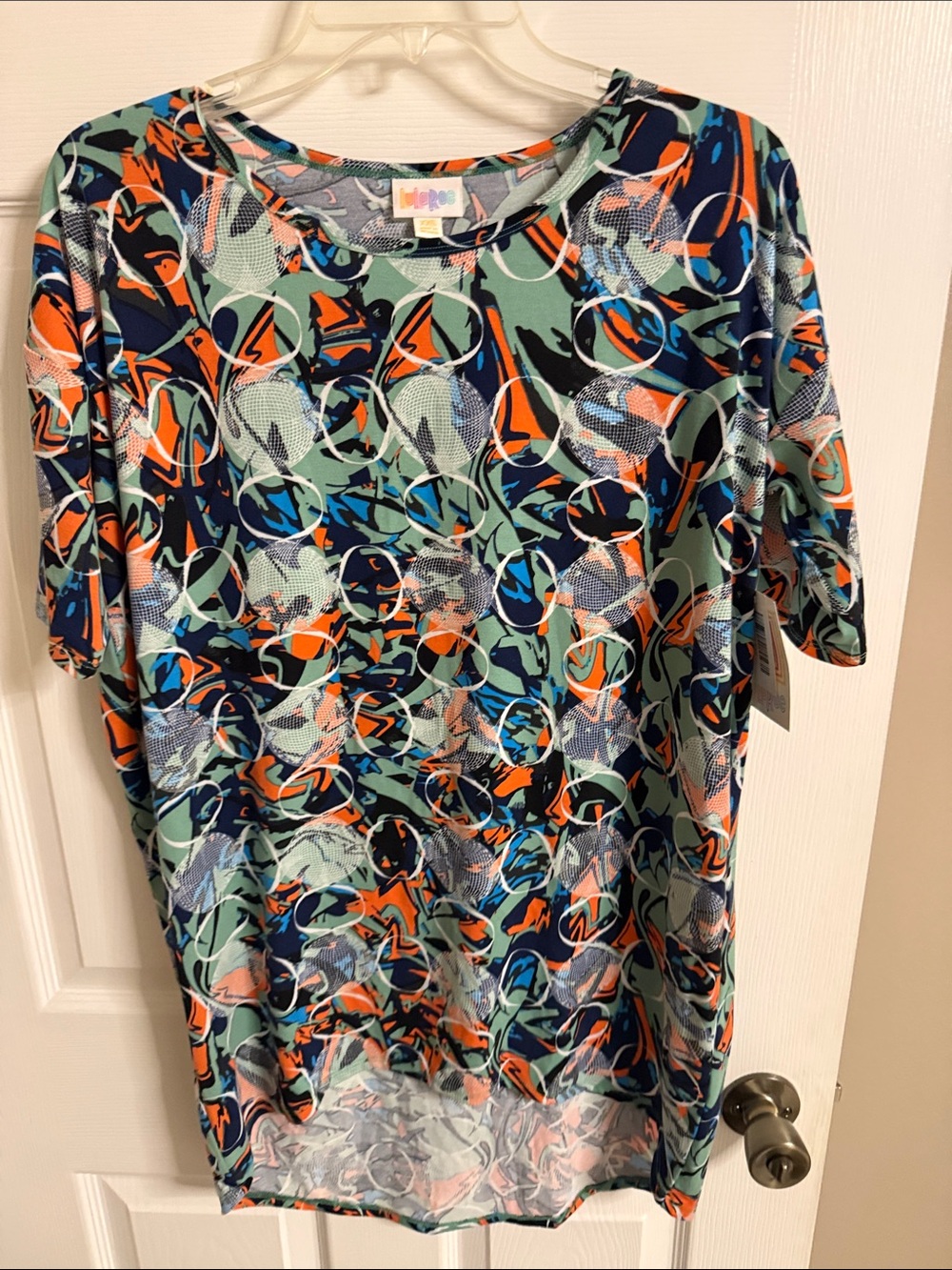 LuLaRoe Mint Short Sleeve Top with Navy & Orange Abstract Circles